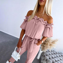 Chic Off-Shoulder Frill Tie Waist Jumpsuit For Women | Selene