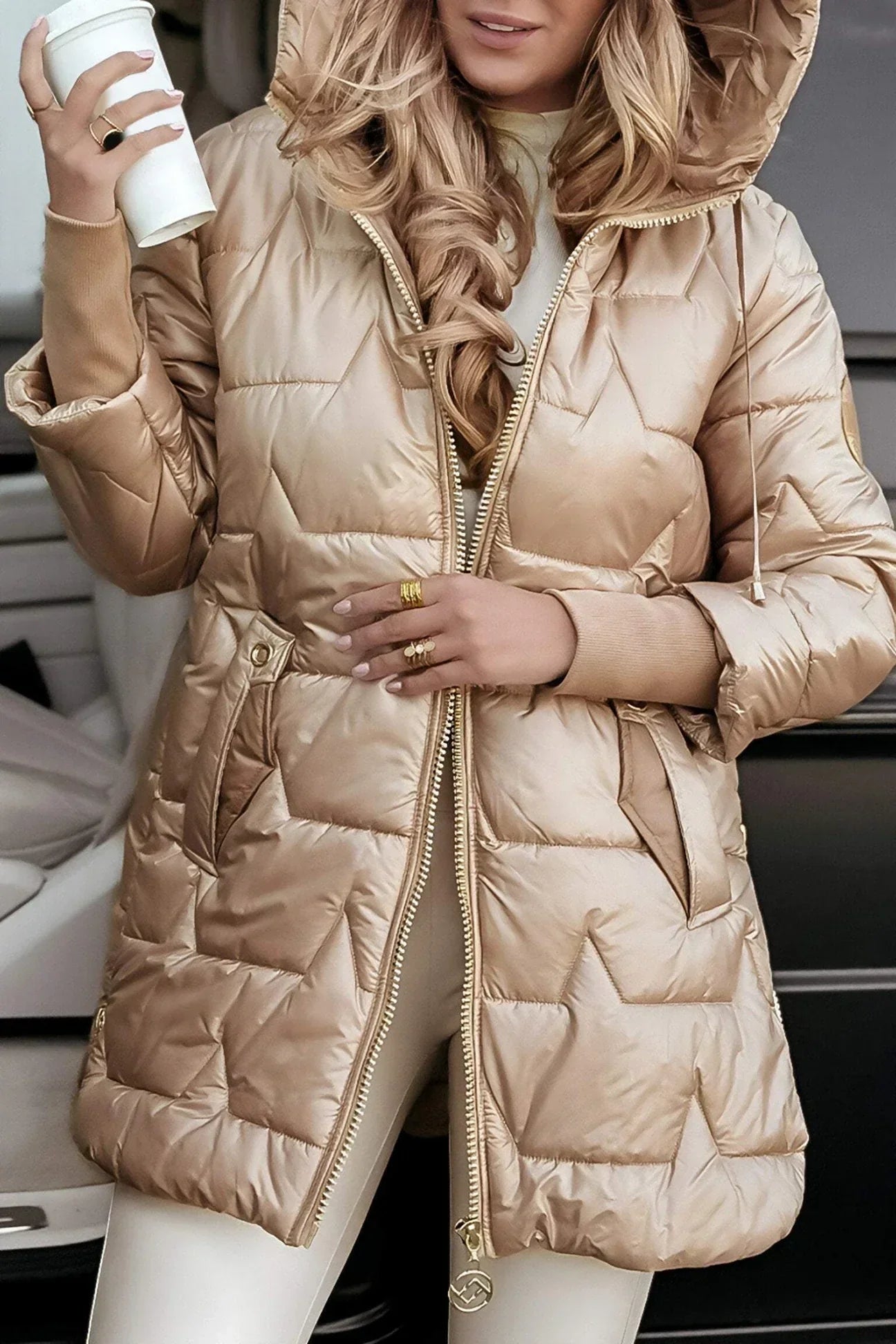 Hooded Quilted Long Coat for Women | Celeste