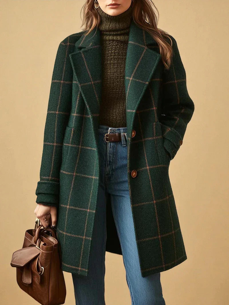 Checkered Notch Lapel Coat For Women | Elowyn
